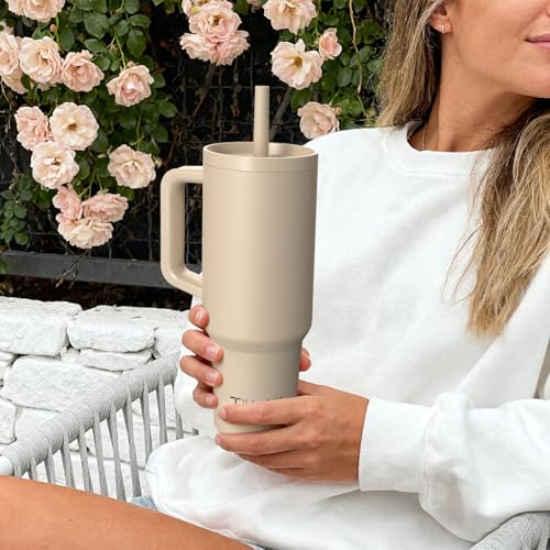 TILUCK 30 oz Tumbler with Handle, Vacuum Insulated Stainless Steel Travel Mug with 100% Leak-Proof Silicone Straw Lid, Cupholder Friendly Water Bottle(MistyGray, 30oz)