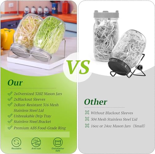 Premium Sprouting Jar Kit 2Pcs Large Wide Mouth Mason Jars With Screen Sprout Lid,Sprouting Jar Stand,Tray,Blackout Sleeves,-Seed Sprouting Kit For Growing Mung beans,Broccoli