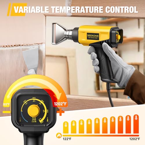 SEEKONE 1800W Heat Gun Compact Design Heavy Duty Hot Air Gun 122℉-1202℉(50℃- 650℃)Variable Temperature Control for 2 Speed Settings with 4 Nozzels for Crafts, Vinyl Wrap, Shrink Tubing