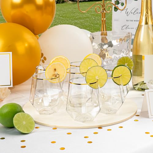 Goodluck 40 PCS Diamond Stemless Plastic Wine Whiskey Glasses, 12 Oz Disposable Cocktail Glasses, Suitable for Weddings, Birthday Parties, Family Gatherings, Bars, etc (Gold rimmed cups)