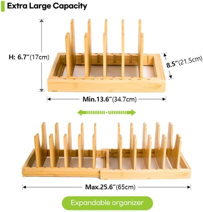 Pots and Pans Organizer under Cabinet, Bamboo Expandable Bakeware and Cutting Board Organizers, Adjustable Pot Lids Holder Rack, Cookie Sheet Baking Pan, Tray Organizer for Kitchen Storage (Natural)