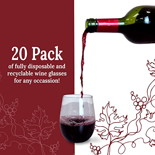 Reli. (20 Pack Disposable Wine Glasses 12 oz | Stemless Plastic Wine Glasses for Parties | BPA-Free, Shatterproof Plastic | Clear Drinking Party Cups for Cocktails, Whiskey, Wedding