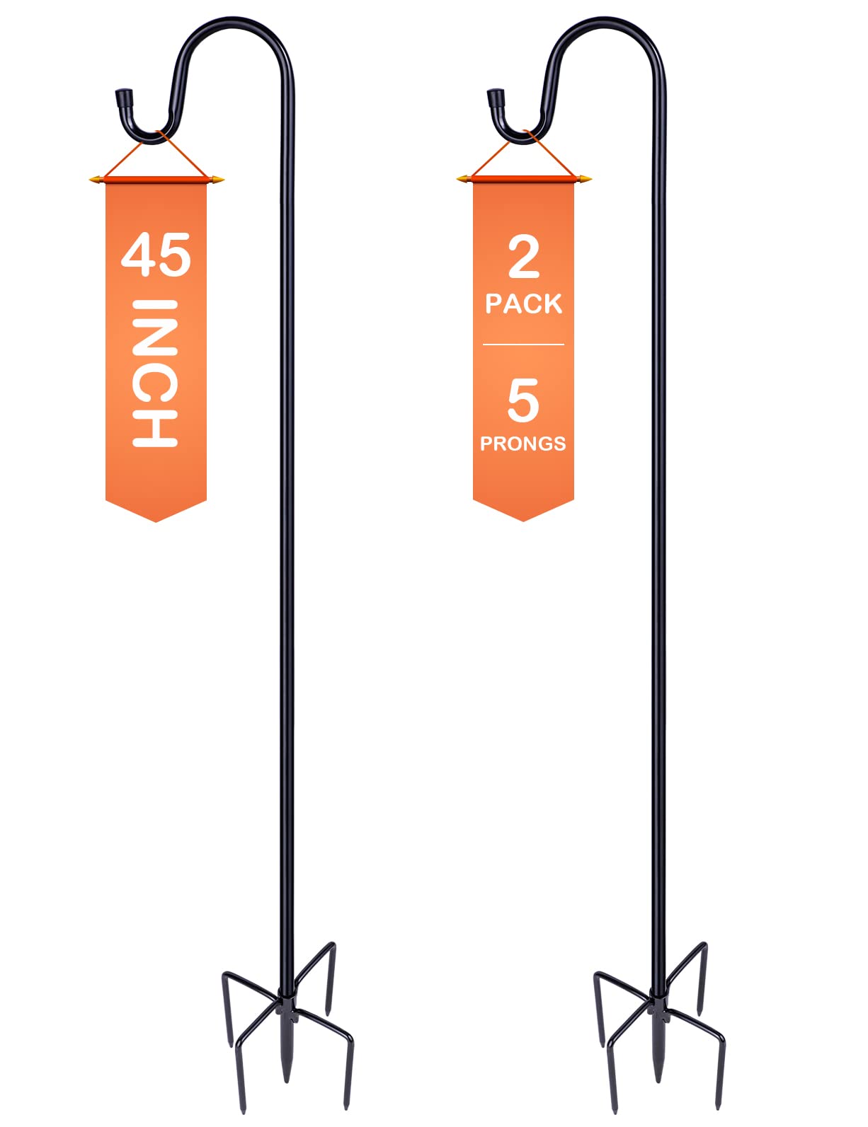 Ottsuls Bird Feeder Pole, 45 INCH Heavy Duty Shepherds Hooks for Outdoor with 5 Prong Base, Adjustable Stand Hanger for Garden Plant, Hummingbird Feeder, Lantern, Hanging Wedding Decor (2 Pack)
