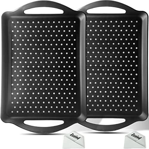 ECOIOU Non Slip Food Serving Tray with Handles, 2-Pack Rectangle Anti-Slip Non-Toxic Dishwasher Safe Tray for Snack Fruit Dessert Breakfast Drink,Black