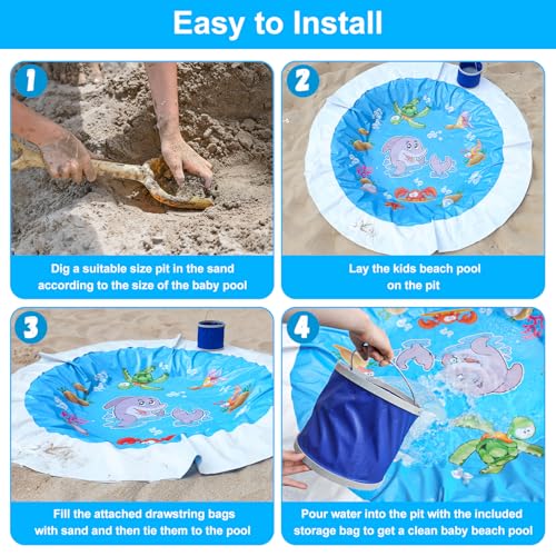 7.2 X 7.2 Feet Baby Beach Pool,Kiddie Pool and Beach Blanket,2 in 1 Toddler Paddling Pool,Beach Toys for Infant Kids Boys and Girls with Portable Water Bag 9L