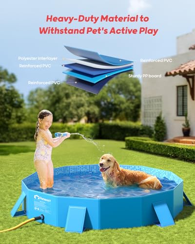 Peteast Foldable Dog Kiddie Pool with Stable Side Support, Hard Plastic Shell Portable Dog Pool, Collapsible Swimming Pools for Pet and Kids, 64 in