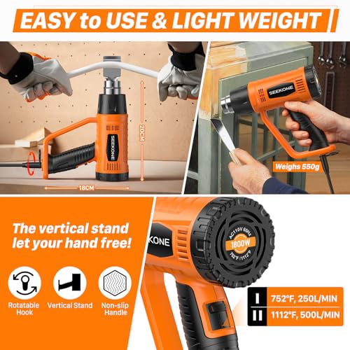 SEEKONE Heat Gun 1800W Heavy Duty Fast Heat Hot Air Gun Kit with 752℉&1112℉(400℃-600℃) Dual-Temperature Settings and 4 Nozzles with Overheat Protection for Crafts, Shrinking PVC, Stripping Paint