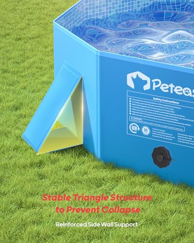 Peteast Foldable Dog Kiddie Pool with Stable Side Support, Hard Plastic Shell Portable Dog Pool, Collapsible Swimming Pools for Pet and Kids, 64 in