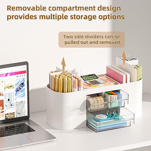 Marbrasse Desk Organizer Pen Holder for Desk with 3 Drawers, Multi-Functional Pencil Holder, Desk Organizers and Accessories with 7 Compartments for Home, School, Classroom(White)