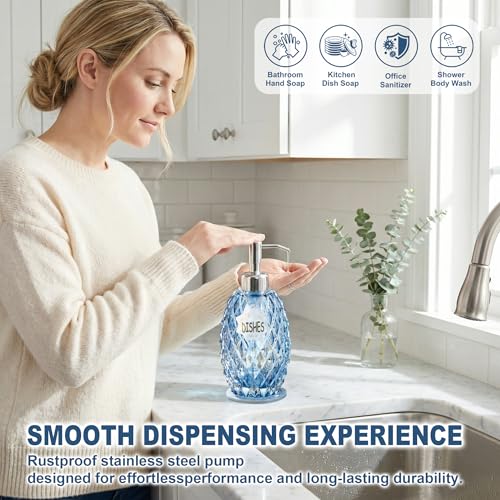 MALACHI Glass Soap Dispenser, 304 Rustproof Stainless Steel Pump, Refillable Multi‑use for Hand Soap, Dish Soap, Body Wash, Shampoo, Baby Wash for Bathroom Kitchen & Commercial