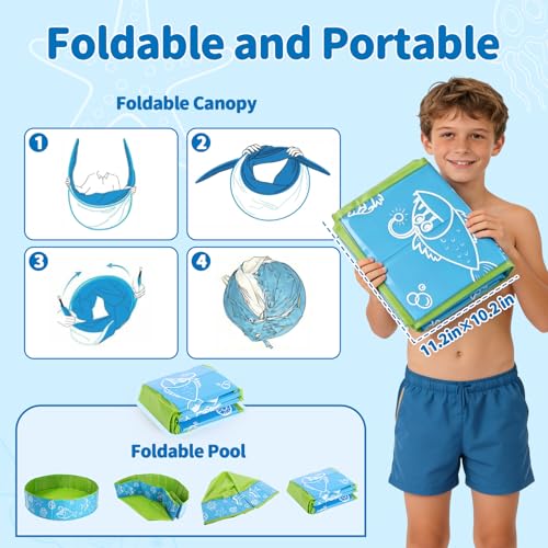 47.3" Foldable Baby Pool with Canopy, Hard Plastic Pool Suitable for Kids Toddler Kiddie, Designed for Use in Backyard, Beach, Park, Blue and Green(No Sprayer)