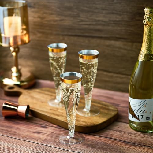 FOCUSLINE 100 Pack Plastic Champagne Flutes, 4.5 Oz Gold Rim Plastic Champagne Glasses, Disposable Clear Toasting Glasses Recyclable Champagne Cups for Wedding Party