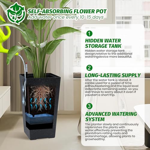 Garvee 16" Tall Planters Set of 2, Outdoor&Indoor Black Planter Pots, High Front Porch Planter Pots with Drainage Holes&Water Level Monitor&Inner Bucket,Black
