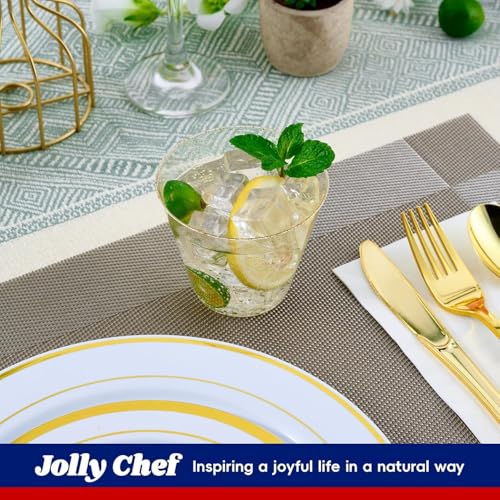 JOLLY CHEF 100 Pack 9 oz Gold Plastic Cups, Disposable Gold Glitter Plastic Cups Perfect for Wedding Thanksgiving, Christmas Party Cups