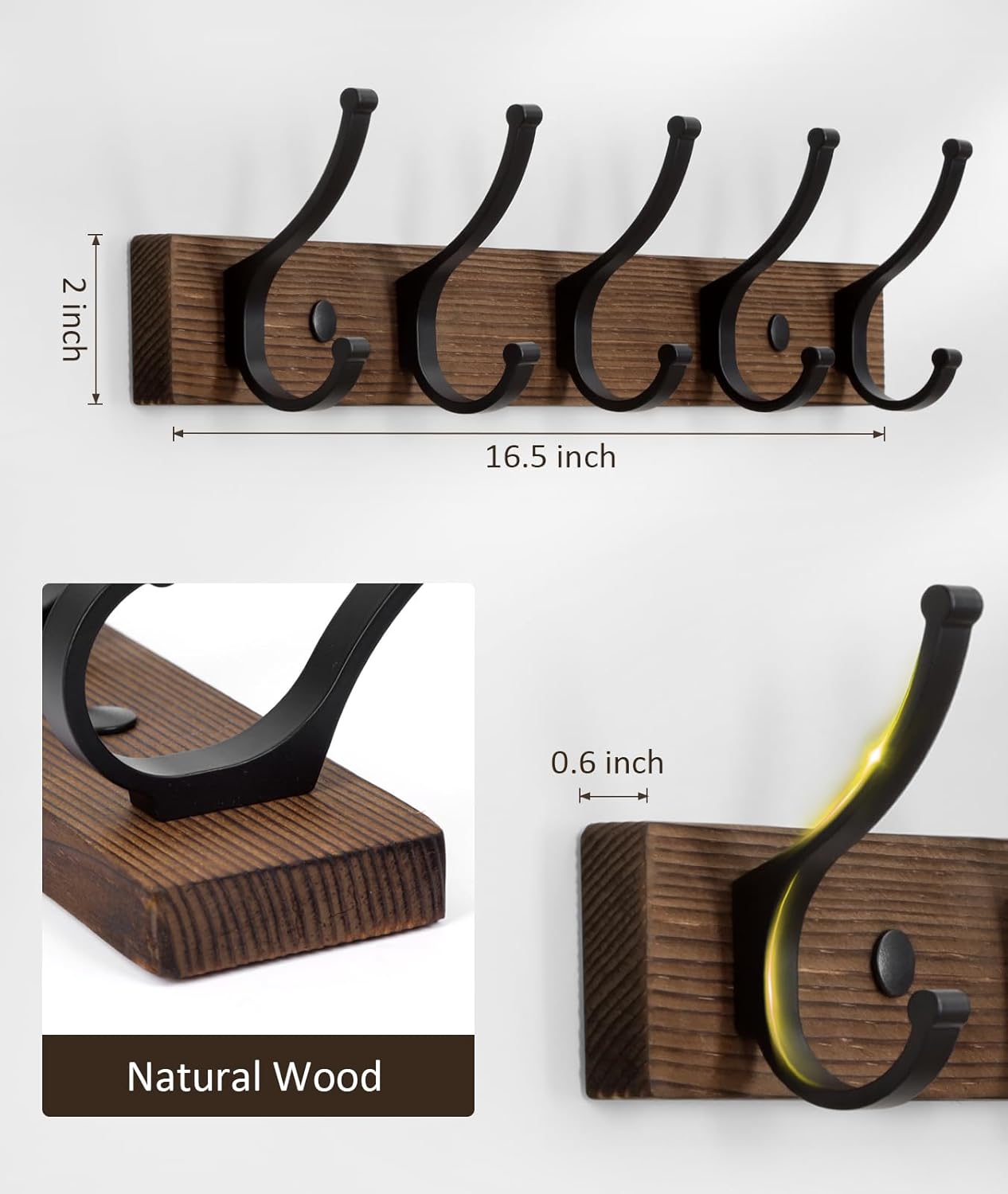 Coat Rack Wall Mount, 16.5 Inches Wood Coat Hooks, Wall Hooks for Hanging, Hat Rack Bag Hanger Key Holder for Wall, Purse Hanger Towel Racks for Bathroom (1Pack, Brown)