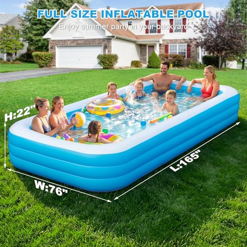 Extra Large Inflatable Pool 165'' x 76'' x 22'' for Adults & Kids | Family blow up pool with electric pump, thickened PVC for backyard swimming, outdoor play and summer fun