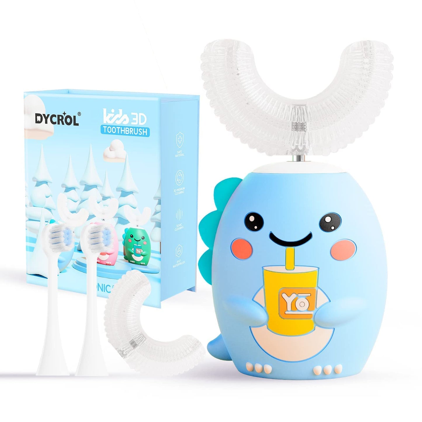 DYCROL Kids U Shaped Electric Toothbrush with 4 Brush Heads, Sonic Toothbrush Kids with 5 Modes, Cartoon Dinosaur 360-Degree Cleaning IPX7 Waterproof Design (2-6 Age (Blue))