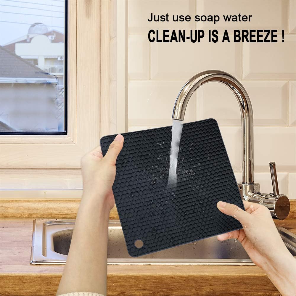 Walfos Silicone Trivet Mats - 4 Heat Resistant Pot Holders, Multipurpose Non-Slip Hot Pads for Kitchen Potholders, Hot Dishers, Jar Opener, Spoon Holder, Food Grade Silicone & BPA Free (Black)