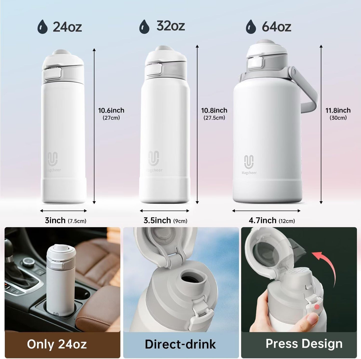 Insulated Magnetic Water Bottle - Reusable Stainless Steel Bottle with MagSafe Compatible Phone Holder - Keeps Cold for 24 Hours - Perfect for Gym, Sports, and Travel - White 24oz