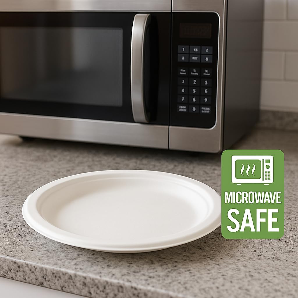 9-Inch Compostable Paper Plates, 125 Count | 100% Biodegradable Bagasse, Strong & Durable, Microwave-Safe, Soak-Proof for BBQs, Parties & Everyday Meals