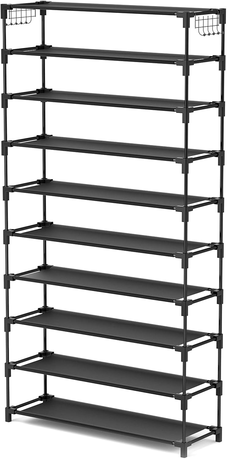 10 Tiers Shoe Rack 50 Pairs Large Capacity Tall Shoe Organizer Sturdy Shoe Storage with Two Hooks Space Saving Metal Wide Shoe Rack for Closet, Entryway, Bedroom, Black