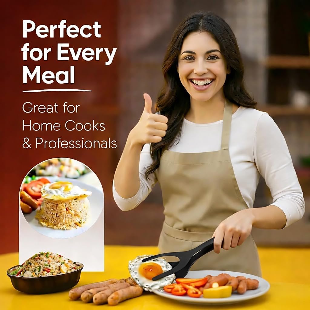 ZONZEST Egg Flipper Spatula Tongs (Set of 2) – Non-Stick 2-in-1 Grip & Flip Kitchen Tongs for Pancakes, Fish, Eggs, and More – Heat Resistant Cooking Tool (Black)