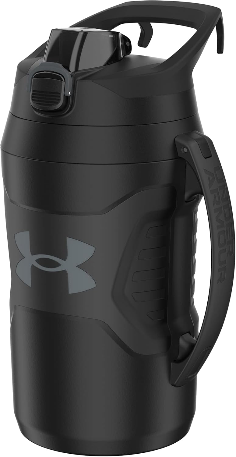 Under Armour Half Gallon Water Bottle Insulated, 64oz Insulated Water Bottle with Handle, Fence Hook, Leak Resistant, for Baseball, Football & More, Black/Black