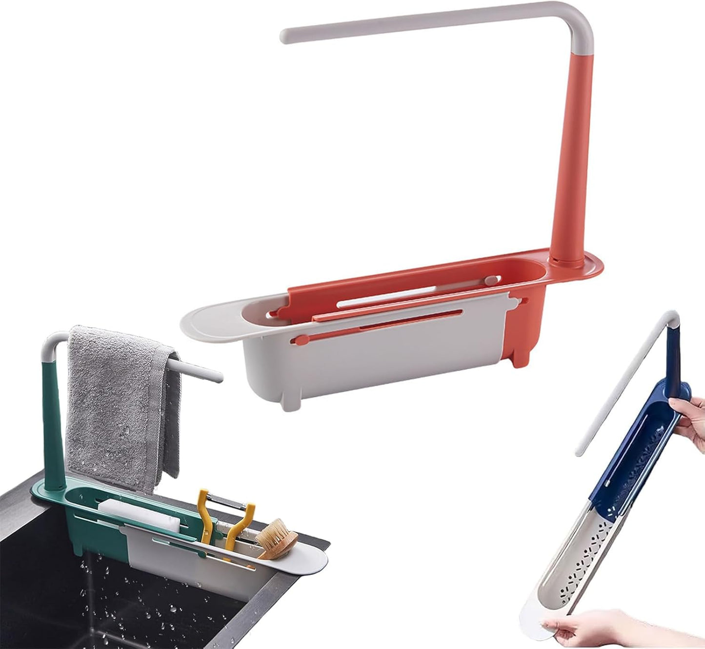 Telescopic Sink Storage Rack, 2026 Upgraded 2-in-1 Adjustable Drainer with Sponge Holder, Expandable Kitchen Sink Organizer with Dishcloth Hanger and Bracket, Kitchen Sink Gadgets (Red)