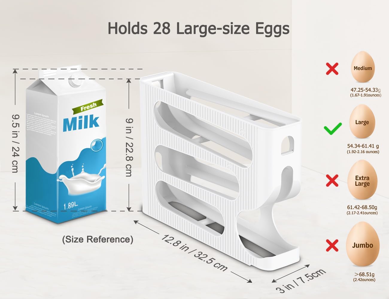 Sotfamily Egg Holder for Fridge, Automatic Rolling Egg Dispenser for Refrigerator, Countertop, Kitchen - Space-saving Egg Roller/Organizer/Storage/Container/Tray - 1 Pack for 28 Large Size Eggs