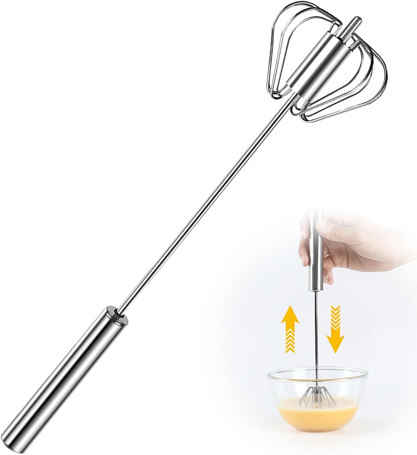 Stainless Steel Semi-Automatic Whisk, 2024 New Stainless Steel Egg Whisk Hand Push Rotary Whisk Blender, Hand Push Mixer Stirrer Tool for Cooking Kitchen Home Egg Milk (10in)