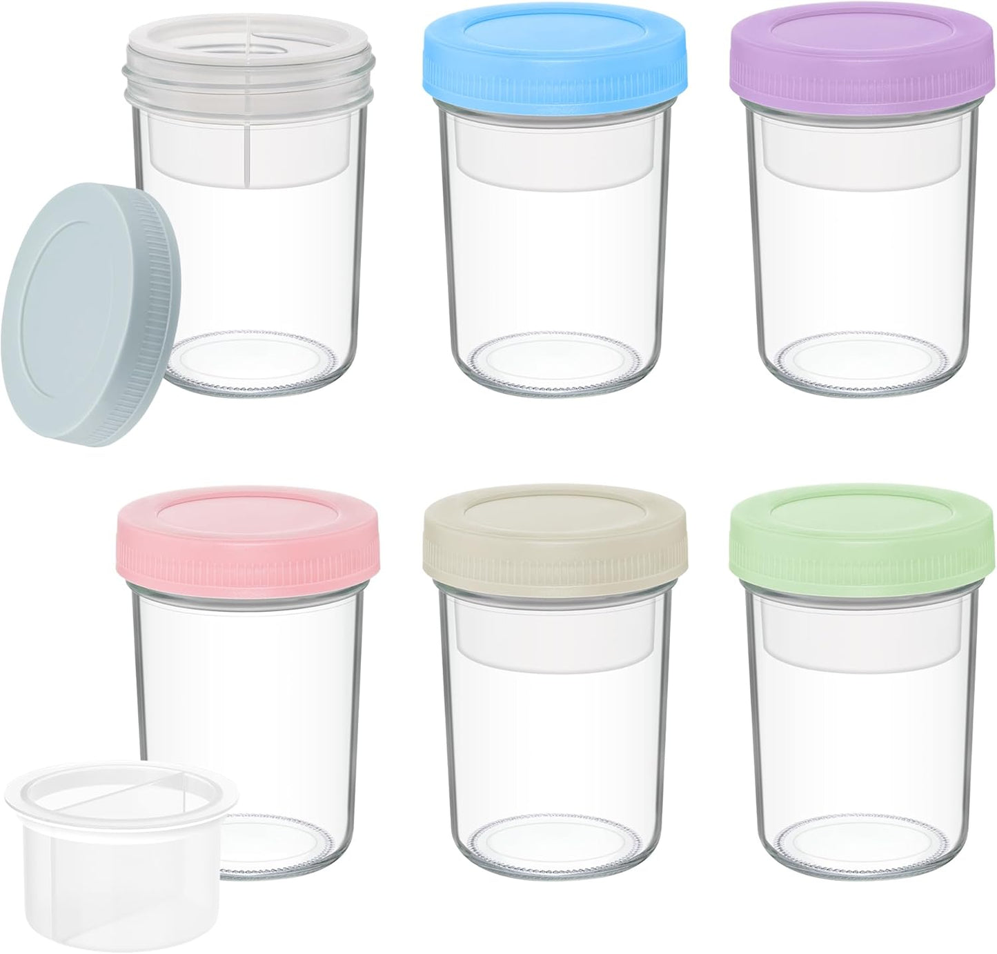 16 oz Overnight Oats Containers with Airtight Lids - 6-Pack Leak-Proof Wide Mouth Mason Jars & Divided Cups for Dried and Wet Foods, Glass Jars for Chia Pudding, Salad, Snacks, and Yogurt
