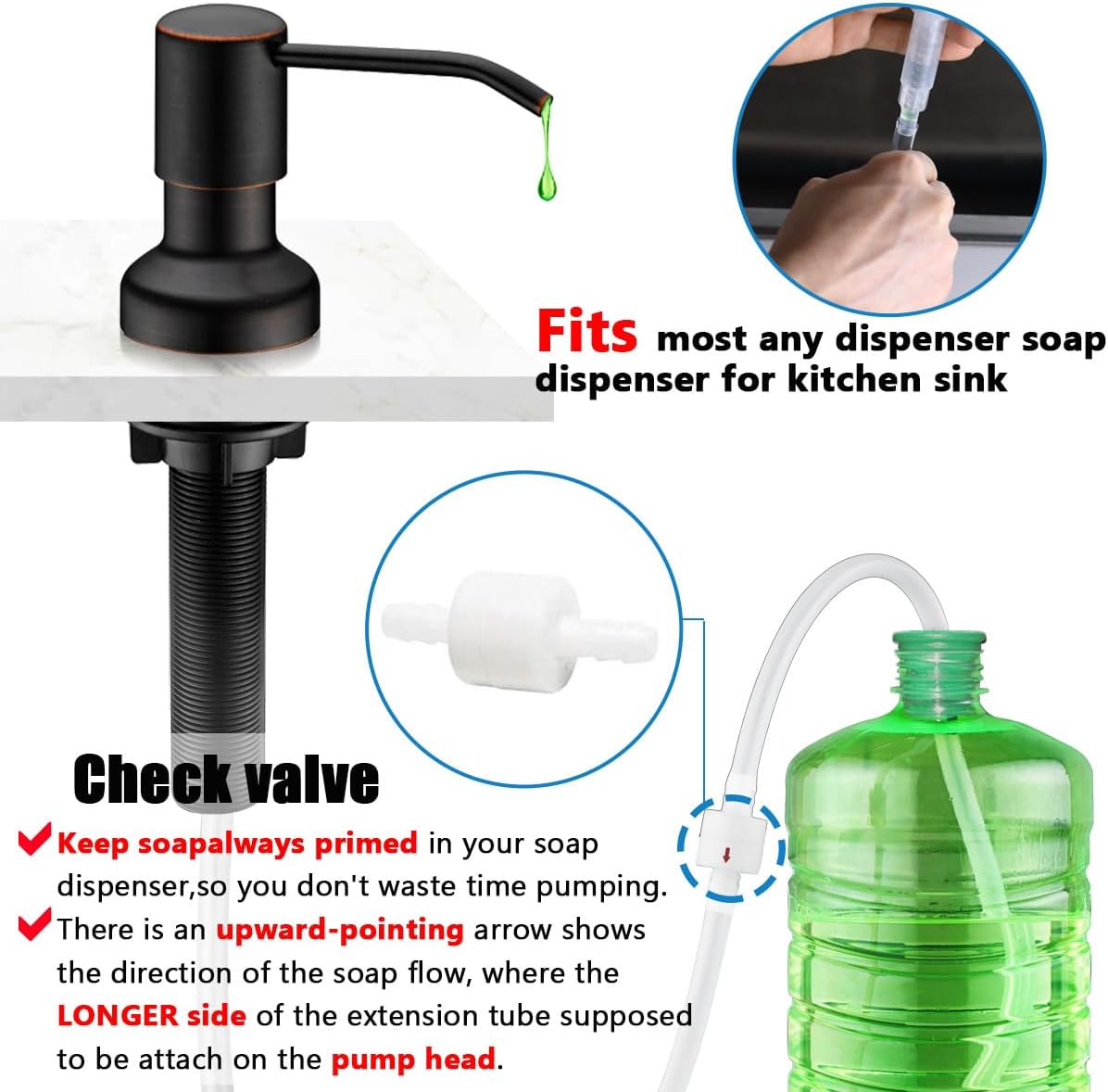 Sink Soap Dispenser Extension Tube Kit with Upgraded Check Valve, 47" Under Counter Soap Dispenser Tube for Kitchen Sink, Fit Most Soap Containers, Strong Suction, No More Tiny Bottle Daily Refills