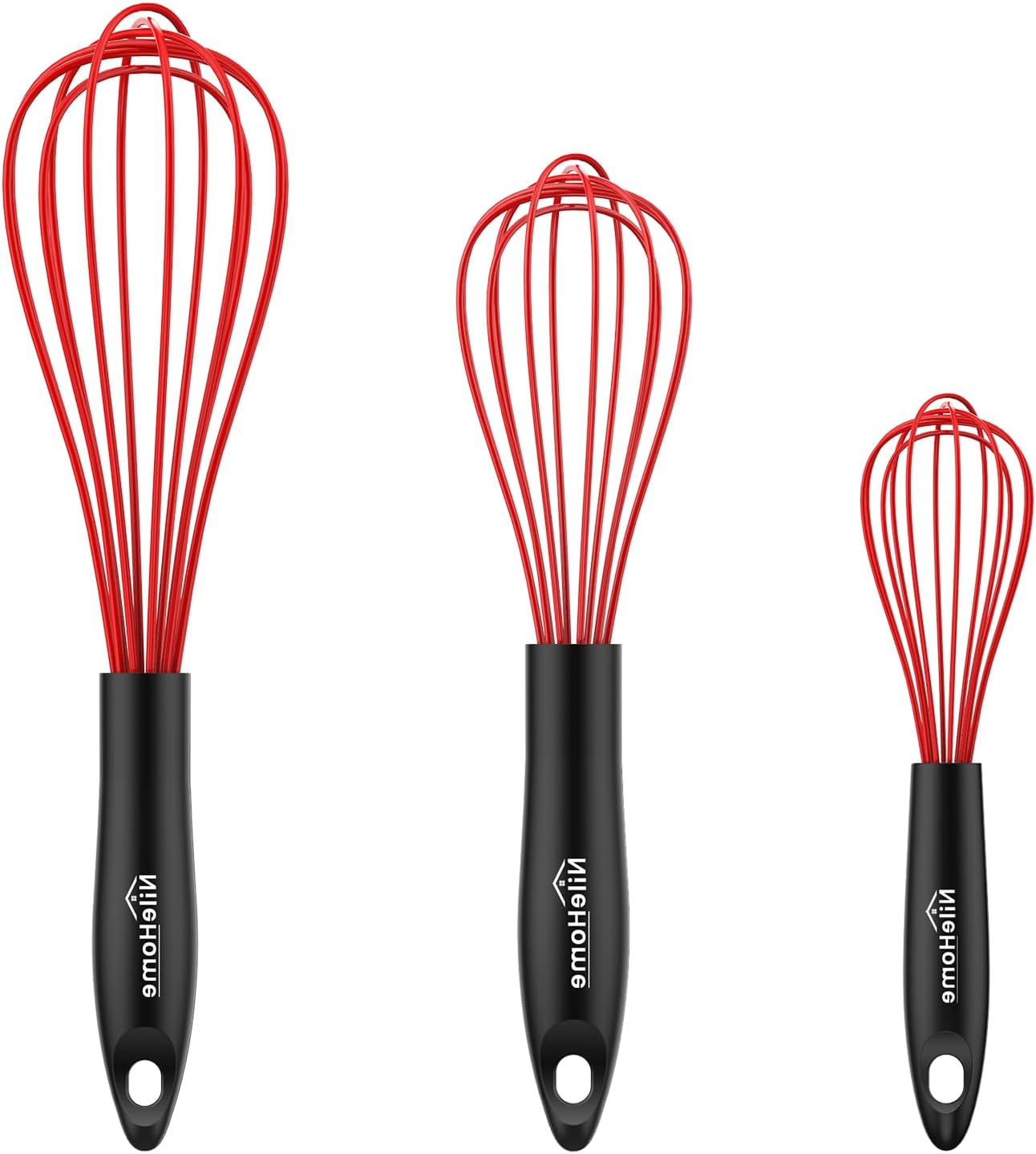NileHome Silicone Whisk Set 8" 10" 12", 3 Pack Kitchen Whisk Kitchen Wisk Wire Whisks for Cooking, Whisking, Blending, Beating, Stirring-Red