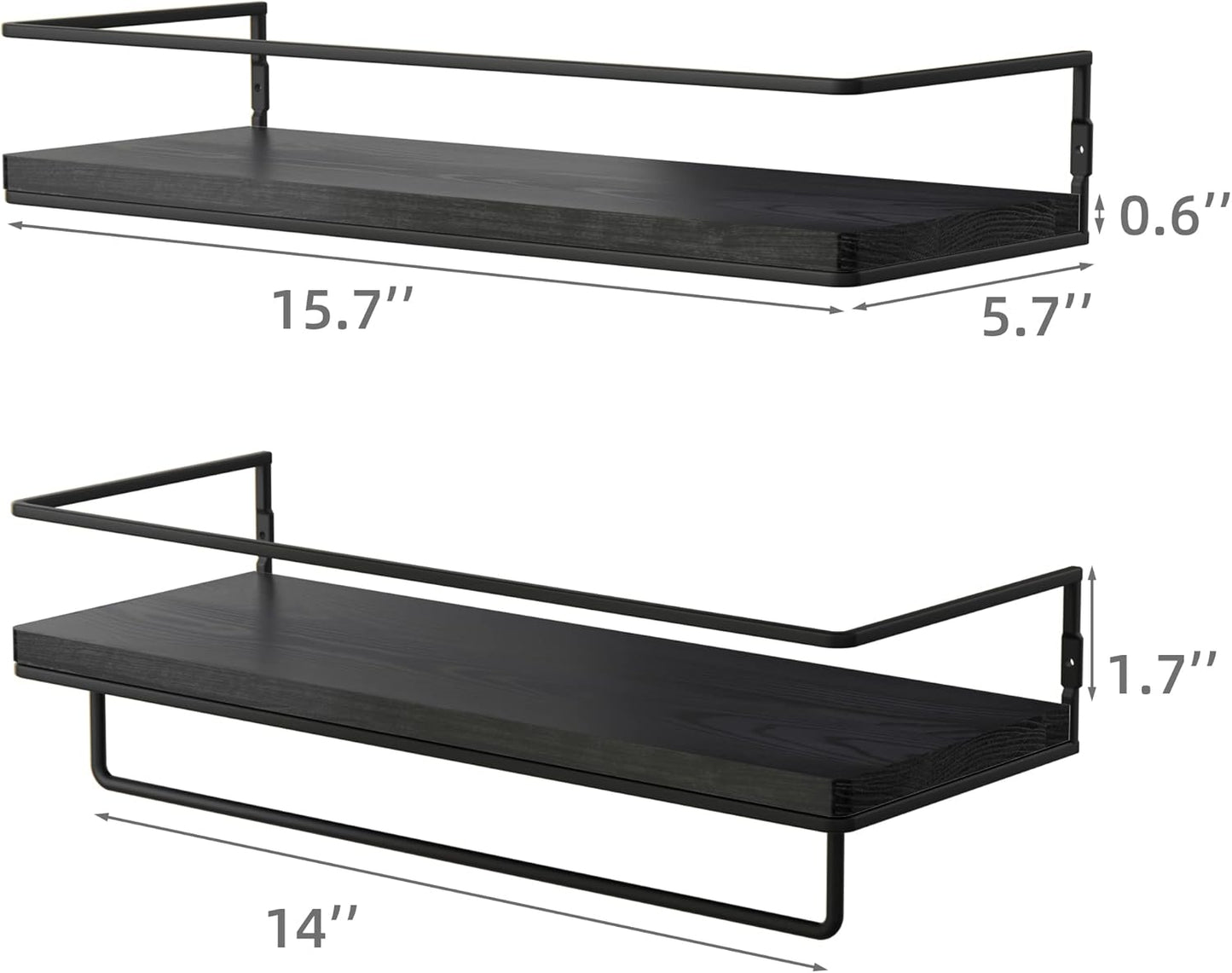 ZGO Floating Shelves for Wall Set of 2, Wall Mounted Storage Shelves with Black Metal Frame and Towel Rack for Bathroom, Bedroom, Living Room, Kitchen, Office (Black)