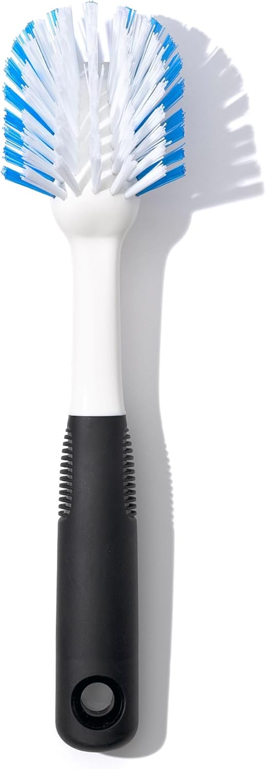 OXO Good Grips Dish Brush, Nylon Bristles with Built-in Scraper, Safe for Non-Stick Cookware, Non-Slip Handle, Dishwasher Safe