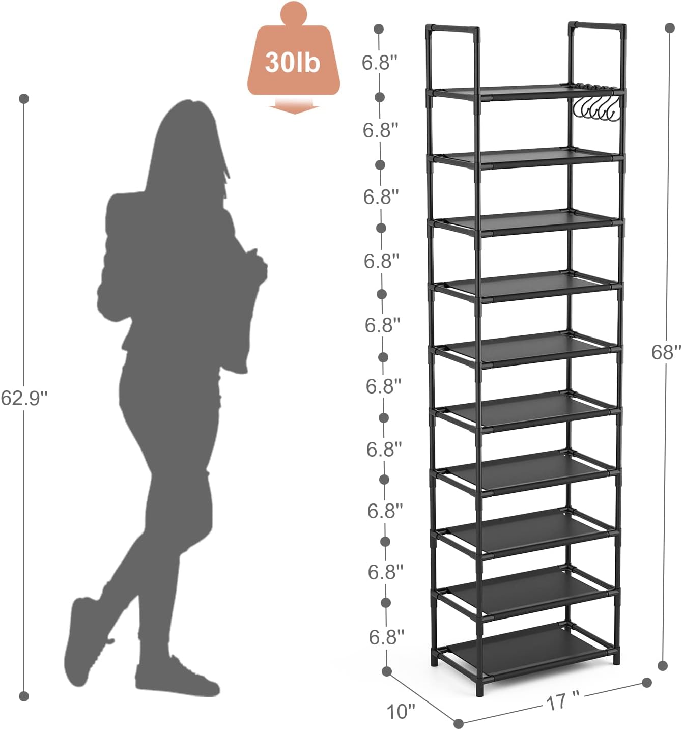 10 Tiers Tall Shoe Rack 20-25 Pairs Boots Organizer Storage Sturdy Narrow Shoe Shelf for Entryway, Closets with Hooks, Black
