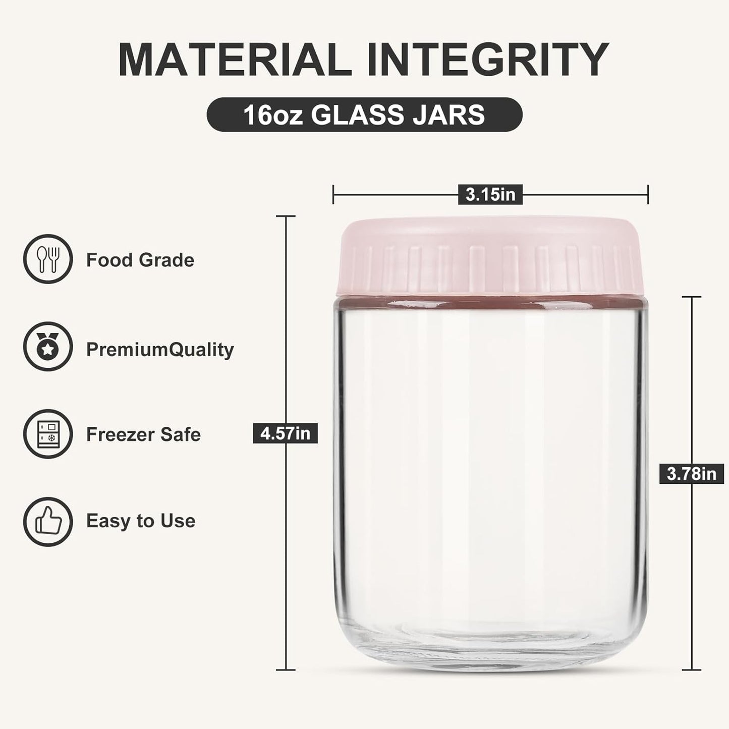 Overnight Oats Containers with Lids, 16oz Glass Jars with Lids 4 pcs, Wide Mouth Mason jars for Salad, Yogurt, Snacks, Meal Prep