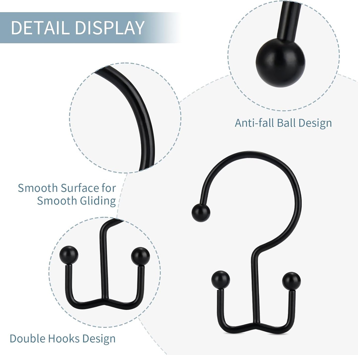 Goowin Shower Curtain Hooks, 12 Pcs Shower Curtain Rings, Durable Rust Proof Black Shower Curtain Hooks, Shower Rings for Curtain, Double Glide Shower Hooks for Shower Curtain Rods, Black