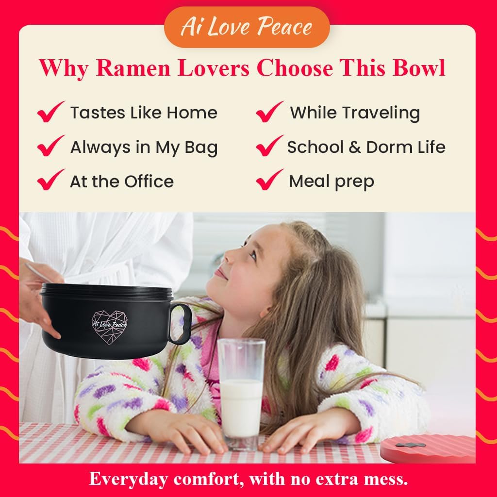 AI LOVE PEACE Microwaveable Ramen Noodle Bowl Cooker 40oz for Ramen, Rice, Pho, Soup, and Pasta, Dishwasher Safe and Portable, Ideal for Home, Office, Dorm, or Gift (Red)
