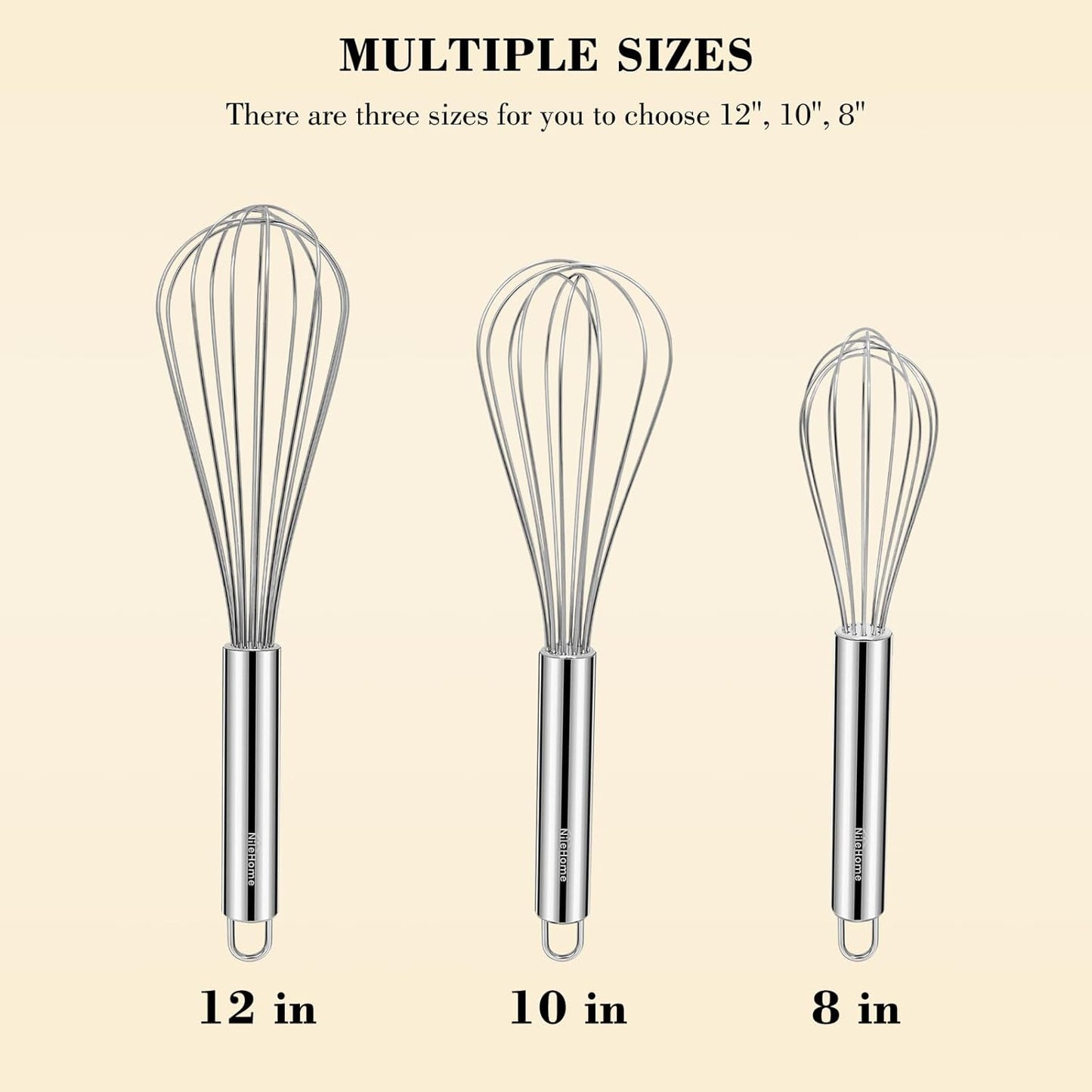 NileHome Stainless Steel Whisk Set 8" 10" 12" Kitchen Whisk Balloon Whisk Kitchen Wisk Wire Whisks for Cooking, Whisking, Blending, Beating, Stirring-3 Pack…