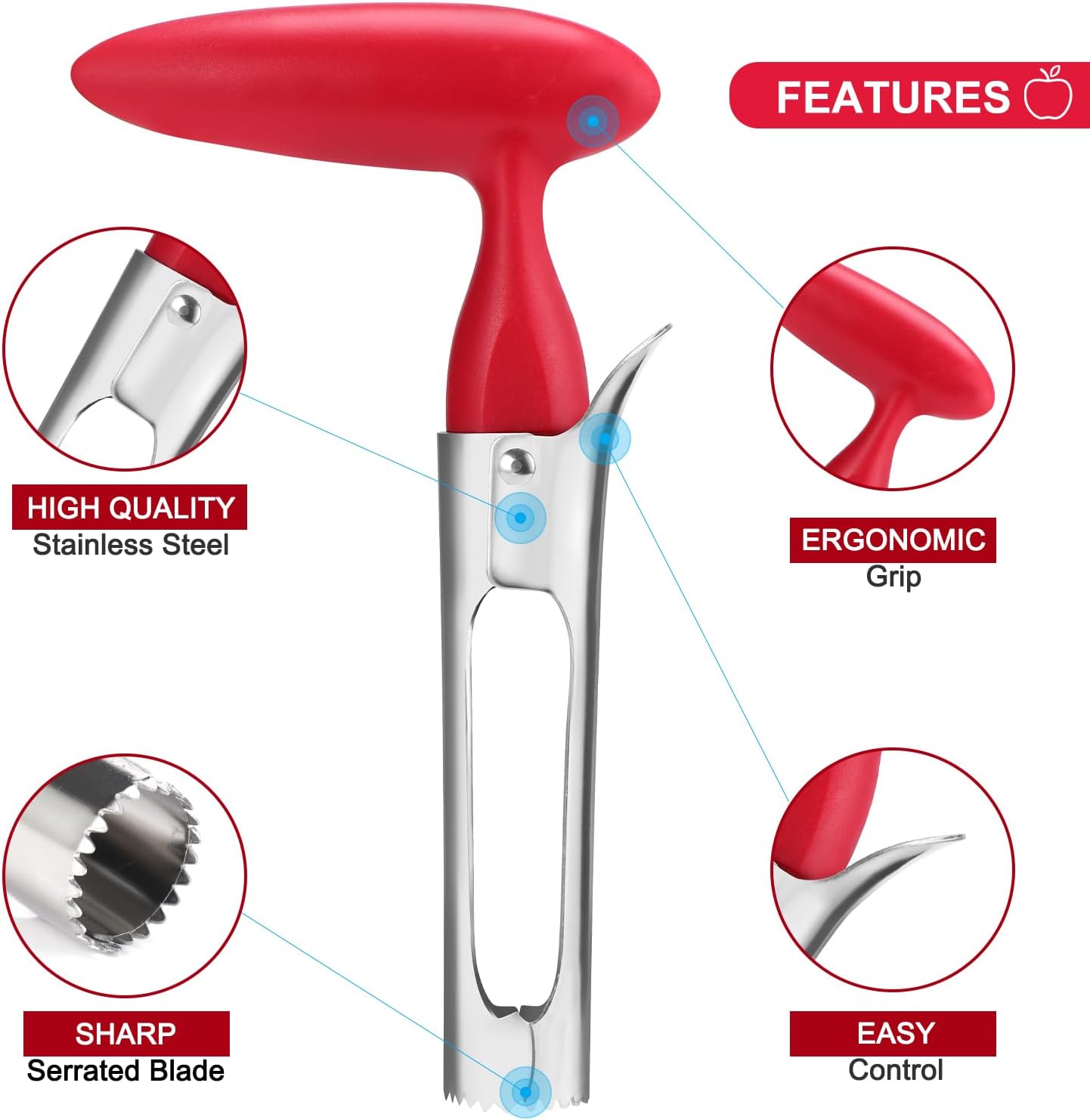 SCHVUBENR Premium Apple Corer Tool - Easy to Use and Clean - Sturdy Apple Core Remover with Sharp Serrated Blades - Stainless Steel Corers for Apple and Pear - Core Fruits with Ease(Red)