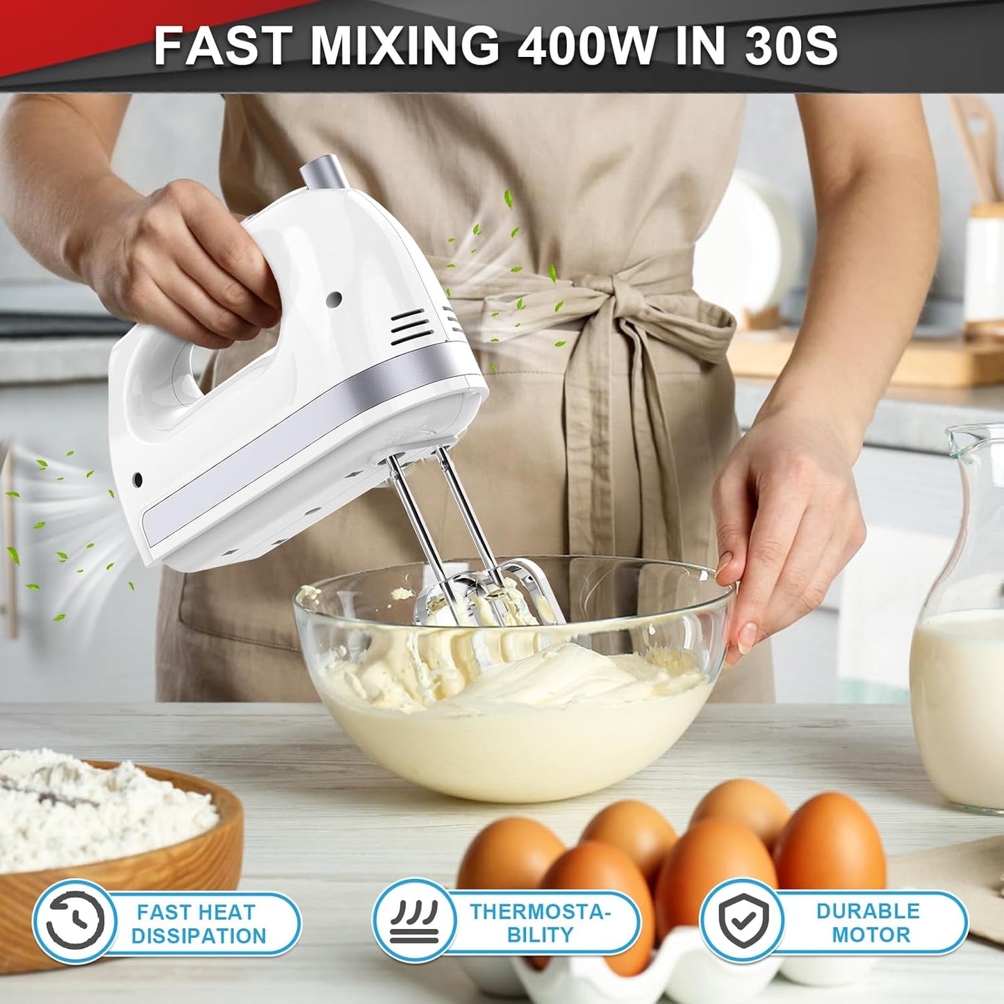 Lord Eagle Hand Mixer Electric Handheld 400W, 5-Speed Lightweight Kitchen Mixer with Storage Case, 5 Stainless Steel Attachments for Baking Cake Egg Cream Food Beater, Turbo+Eject Button