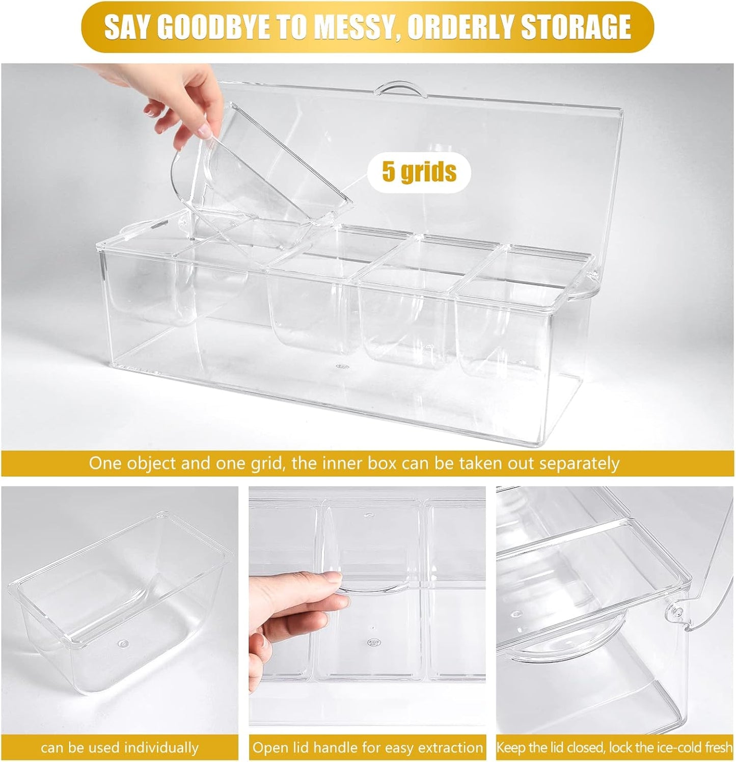 Condiment Tray with Stainless Steel 5 Spoons, 5 Forks and 1 Clip, Chilled Condiment Server, Condiment Server, Bar Garnish Holder on Ice, Bar Accessories Fruit and Salad with Removable Trays and Lid