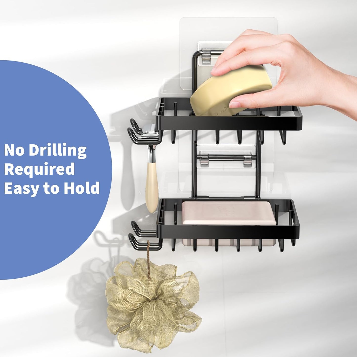 Moforoco Double Soap Bar Holder for Shower, No Drilling, 304 Stainless Steel, Wall Mounted Soap Holder with 4 Hooks and Razor Holder, Shower Rack Soap Tray Bar Soap for Bathroom Accessories Organizer