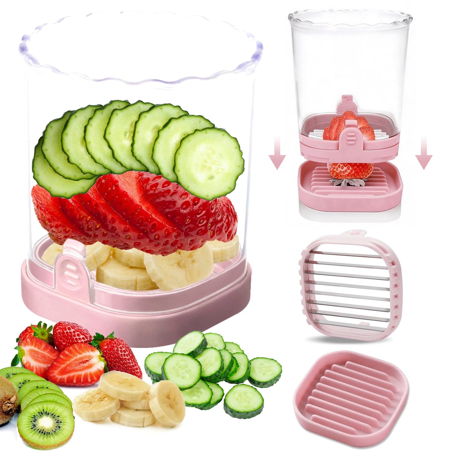 Strawberry Slicer:Fruit Slicer Cup Veggie Salad Speed Cutter for Strawberries Egg Banana Mushroom Cucumber Kiwi the Kitchen Portable Slicing Tool (Pink)