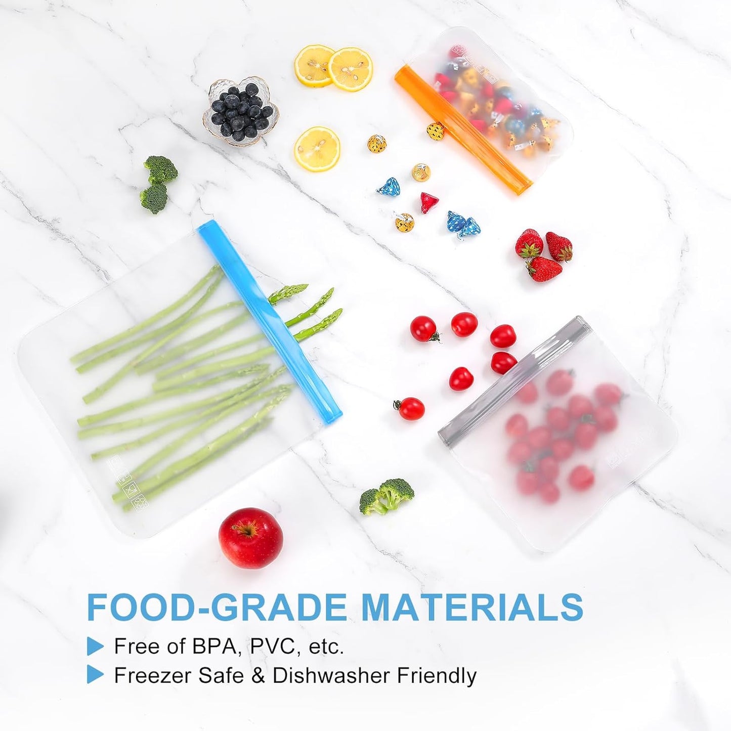 Lerine 6 Pack Reusable Gallon Freezer Bags Dishwasher Safe, BPA Free Reusable 1 Gallon Bags, Leakproof Food Storage Bags for Marinate Meats, Cereal, Vegetables, Home Organization(Gray, 6Gallon)