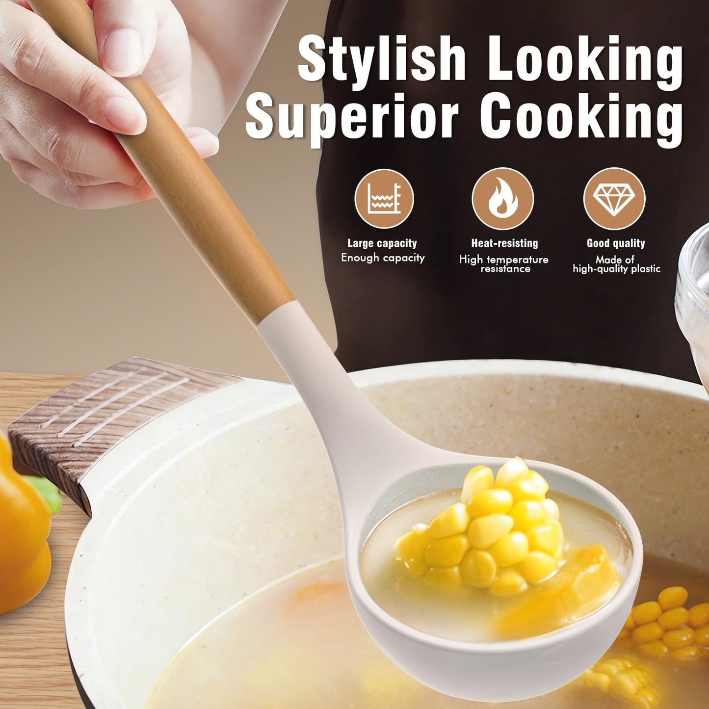 Silicone Cooking Utensils Set - AVGPD Silicone Kitchen Utensils for Cooking Wooden Handles, 446°F Heat Resistant Kitchen Utensil Spatula Sets w Holder, Gadgets for Non-Stick Cookware BPA FREE (Khaki)