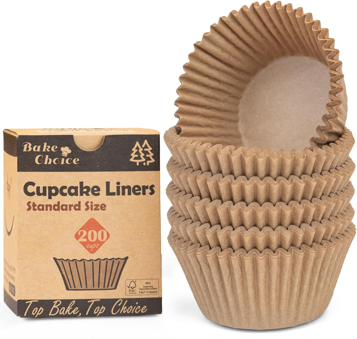 Bake Choice Non-stick 200pcs Standard Cupcake Liners for Baking, Natural, Food-grade Cupcake Wrapper, Greaseproof Parchment Muffin Liners