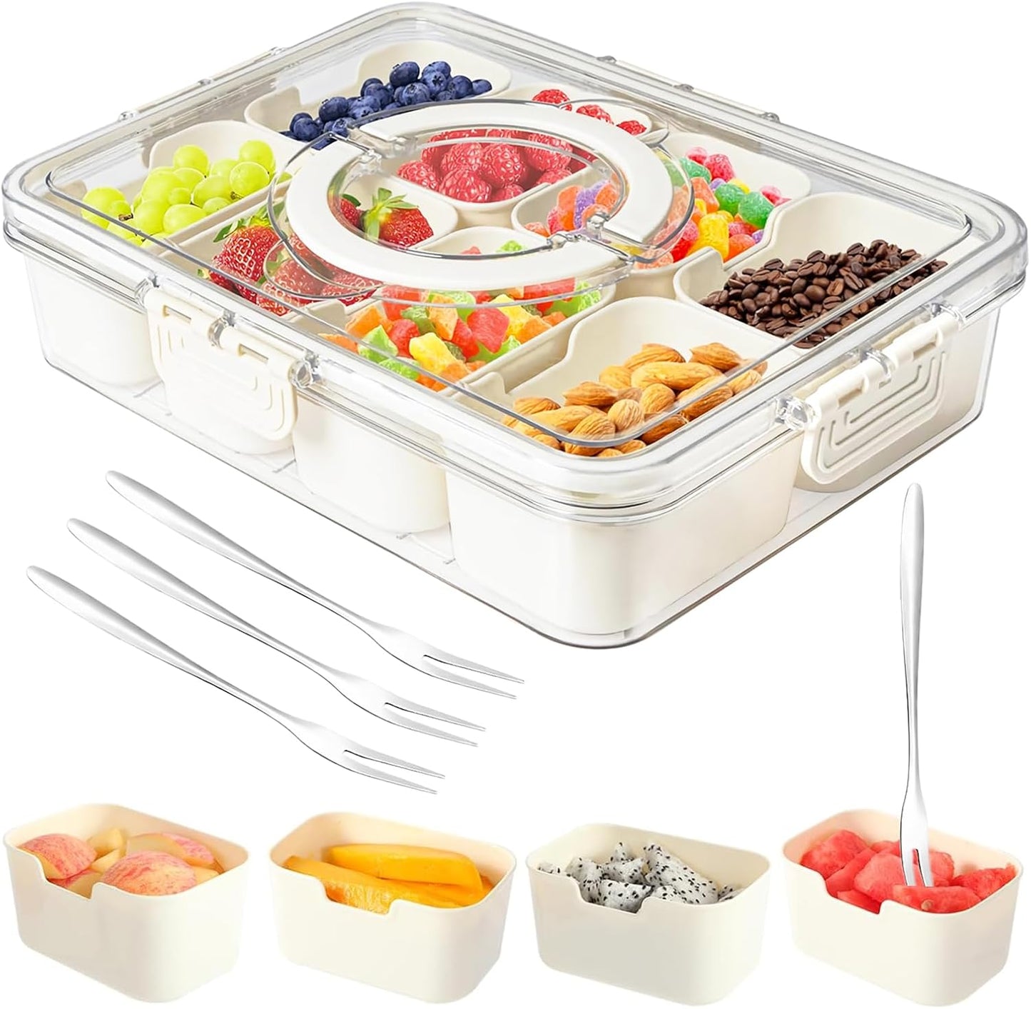 Snackle Box Container,Portable Snack Box 8 Compartment Divided Serving Tray with Lid,Clear Storage Organizer for Fruit Candy Nuts Veggie-Perfect for Road Travel Party (1 Pack-8 Compartments)