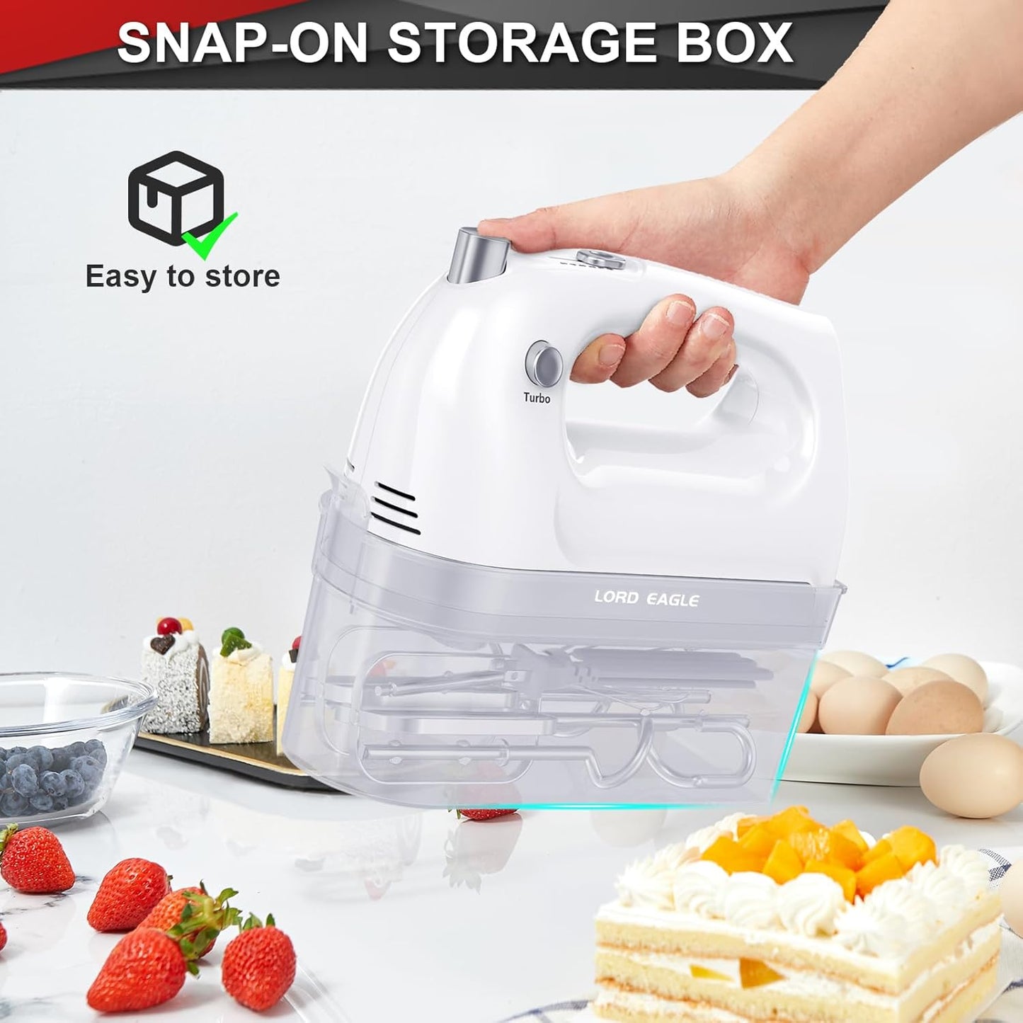 Lord Eagle Hand Mixer Electric Handheld 400W, 5-Speed Lightweight Kitchen Mixer with Storage Case, 5 Stainless Steel Attachments for Baking Cake Egg Cream Food Beater, Turbo+Eject Button